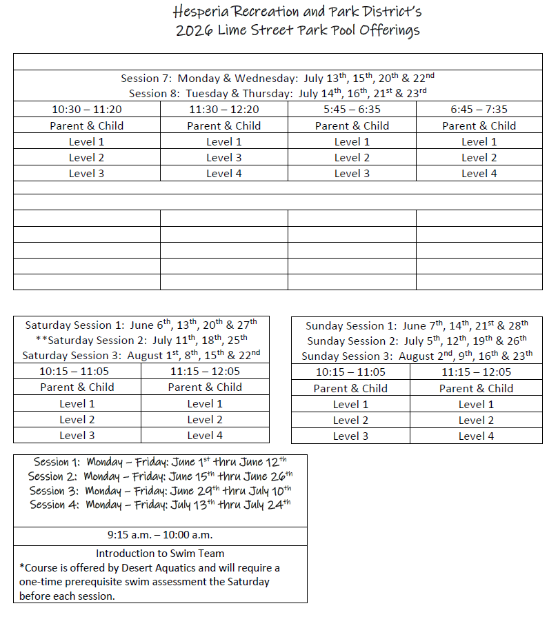 2025 Swim Lesson Schedule Sessions 7-8 and Weekend Sessions