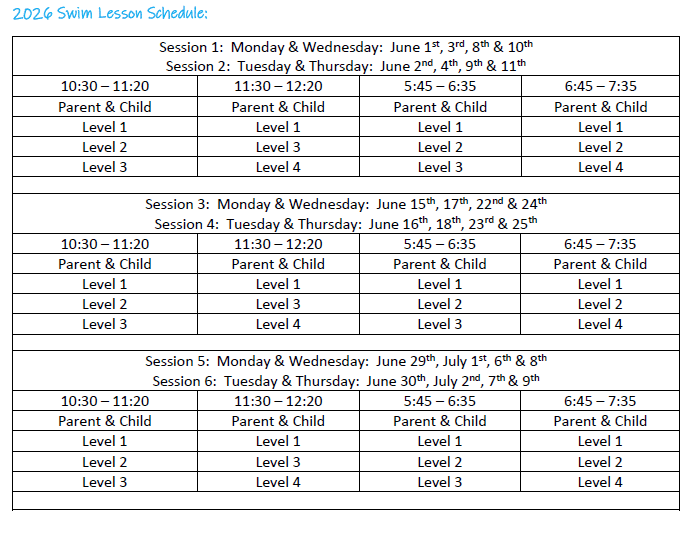 2025 Swim Lesson Schedule Sessions 1-6